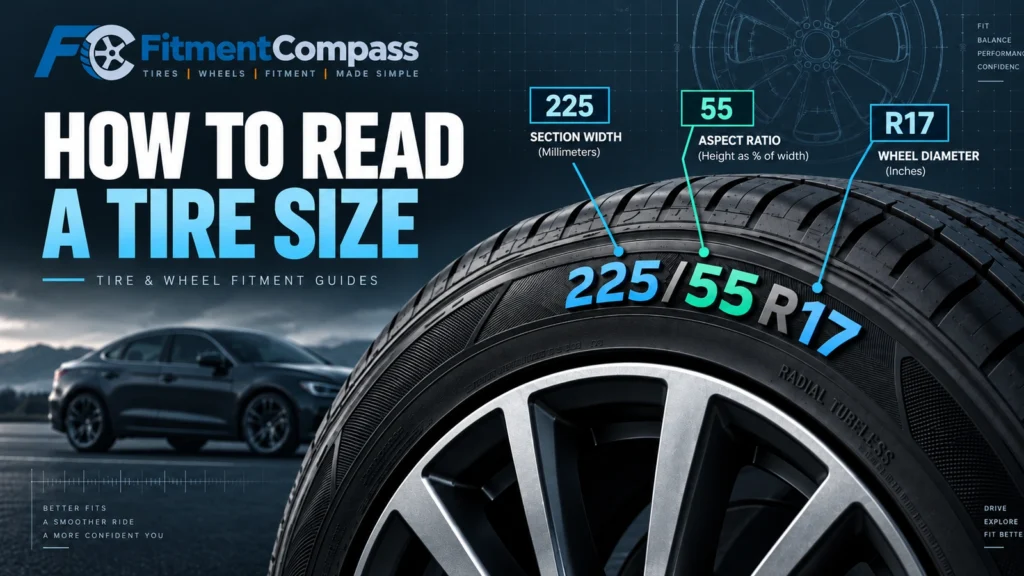 How to read a tire size using 225/55R17 width, aspect ratio and wheel diameter