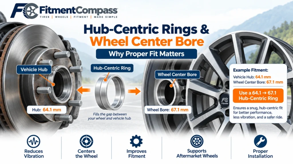 Hub-centric ring fitting between the vehicle hub and wheel center bore to improve centering